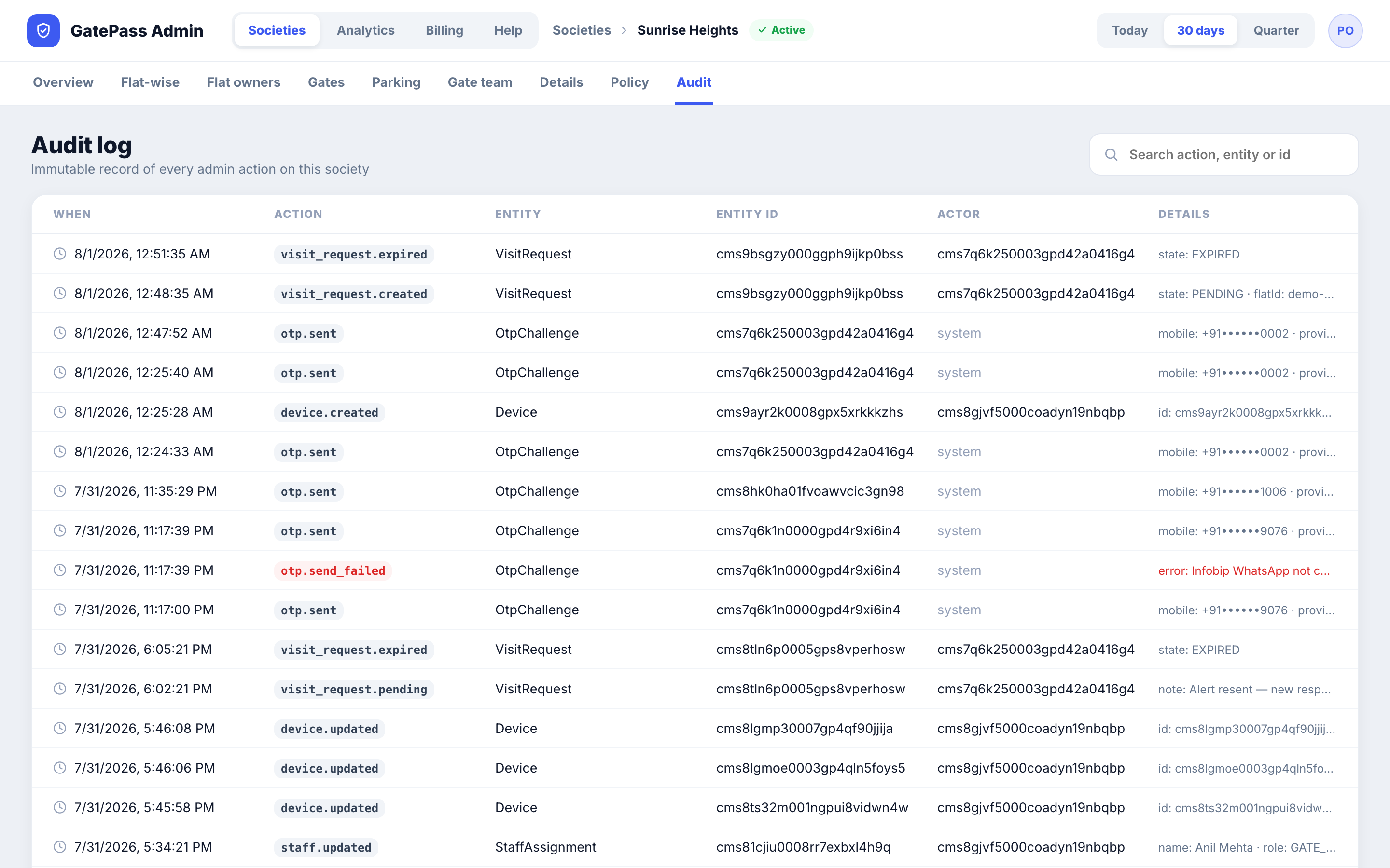 The GatePass audit log in the admin portal: a timestamped, searchable record of every action, showing the action name, entity, entity ID, actor and details for each event.