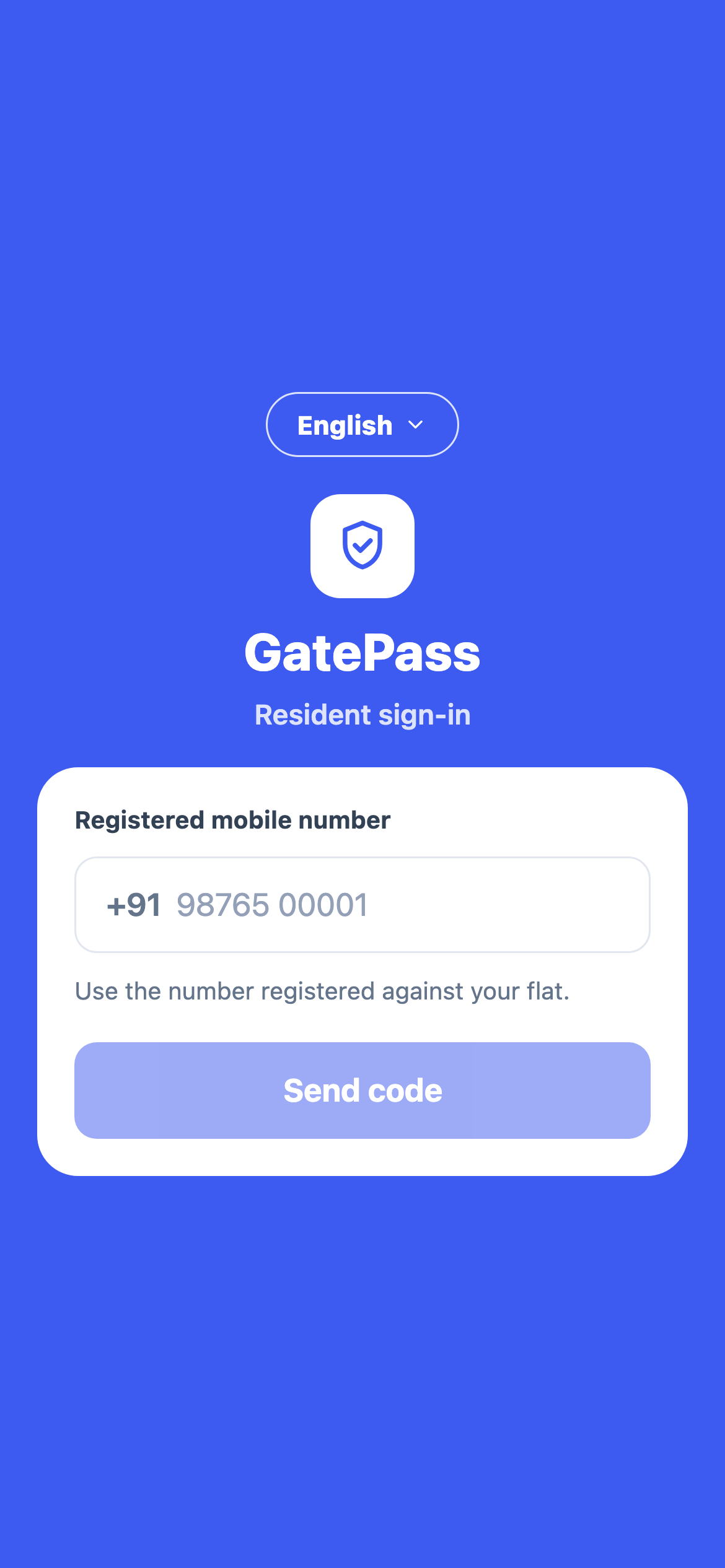 The GatePass resident app sign-in screen: a language selector set to English, the GatePass shield logo, and a field for the mobile number registered against the flat.